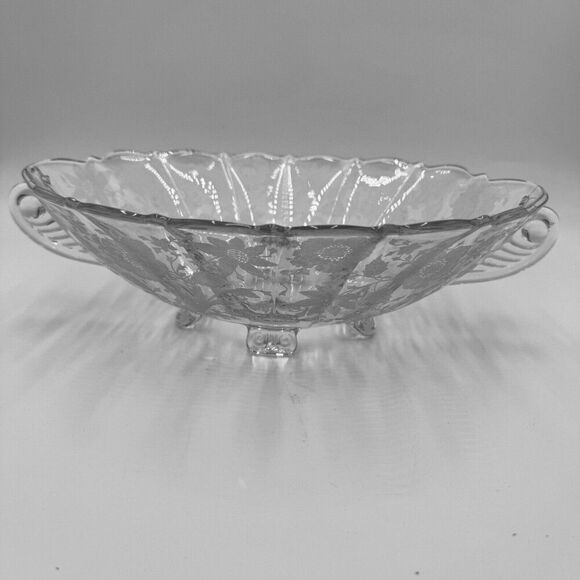 Antique CAMBRIDGE Rosepoint Footed DOUBLE HANDLED OVAL BOWL Embossed